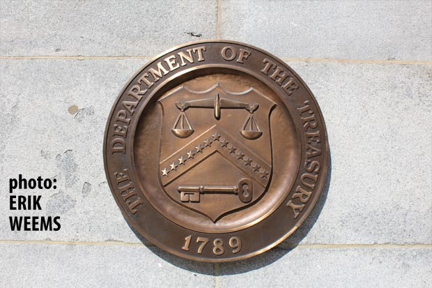 Department of Treasury seal on building 15th Street Washington DC