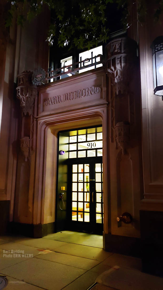 Nighttime at Barr Building entrance