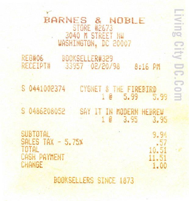 Barnes and Noble M Street Washington DC Receipt