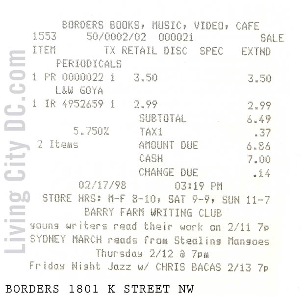 Receipt for Borders 1801 K Street Washington DC