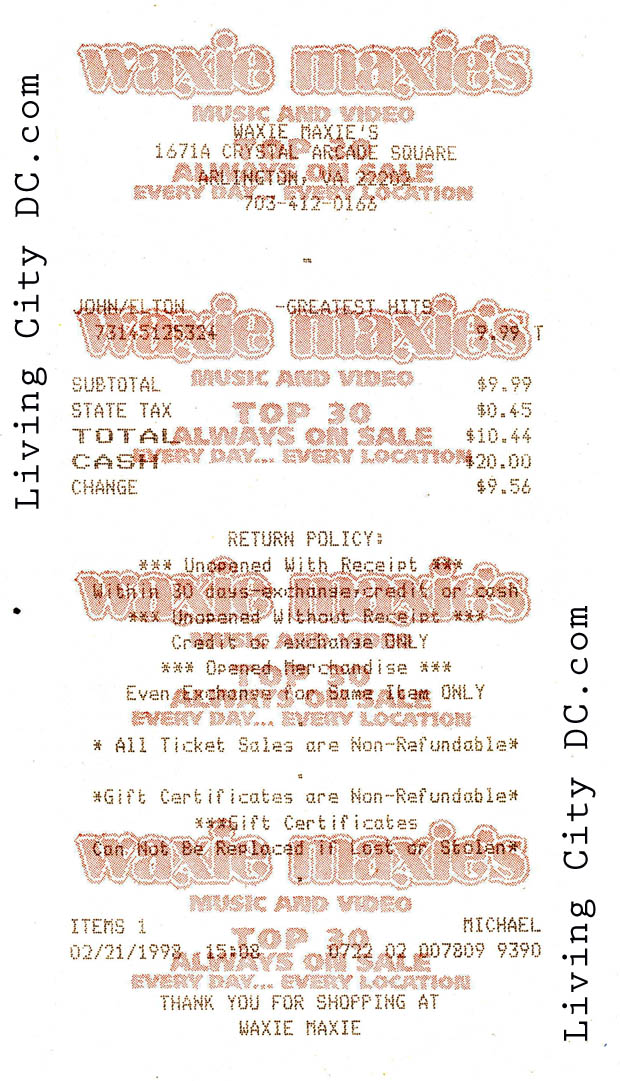 Waxie Maxies Receipt for purchase Crystal Arcade Square 1998