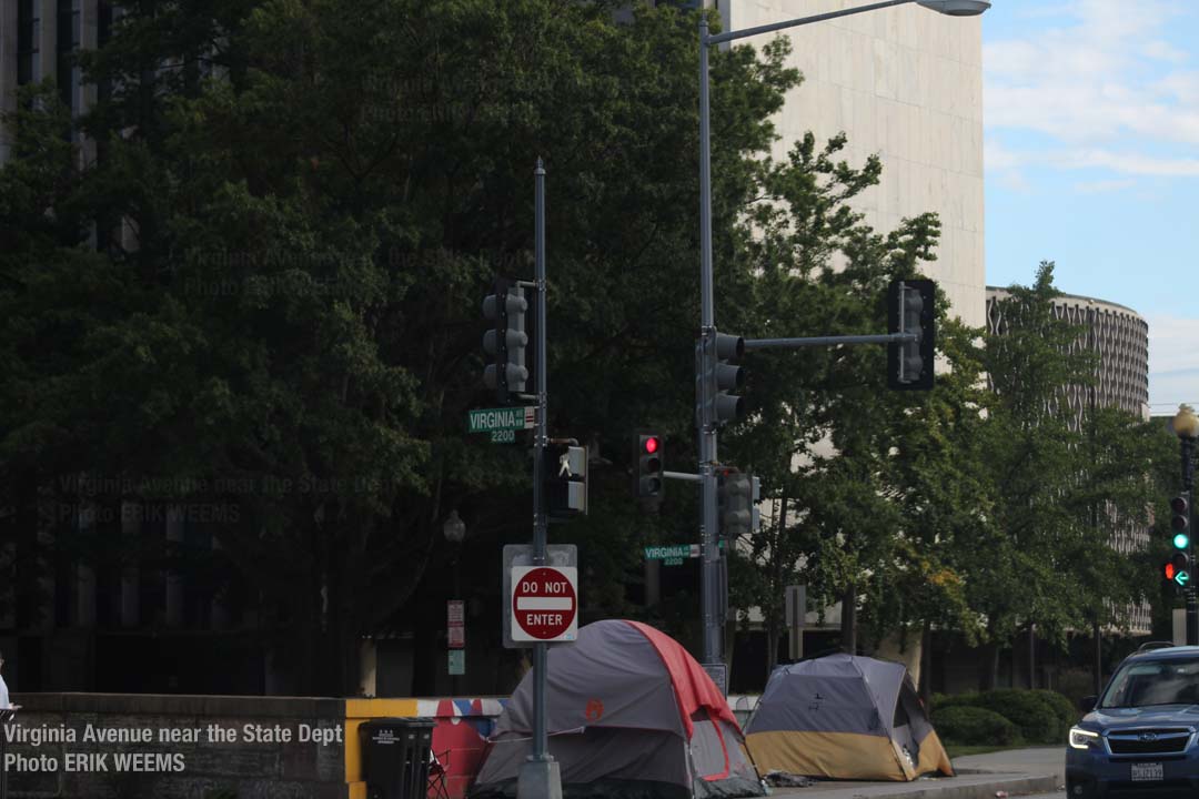 Virgiia Avenues homeless tents in DC near the State Department