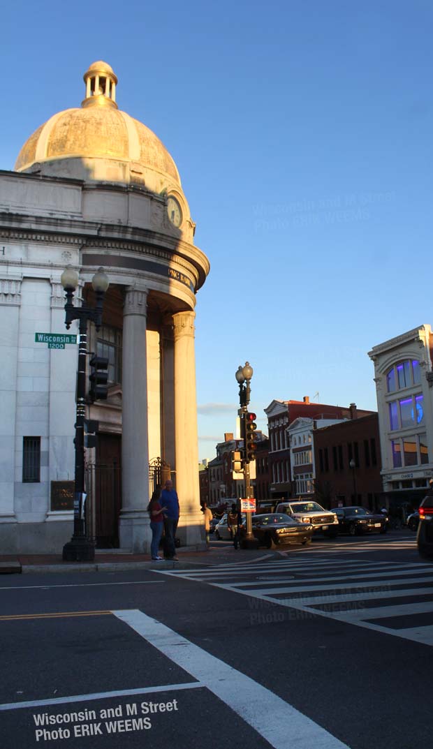 Wisconsin and M Street at the corner by bank