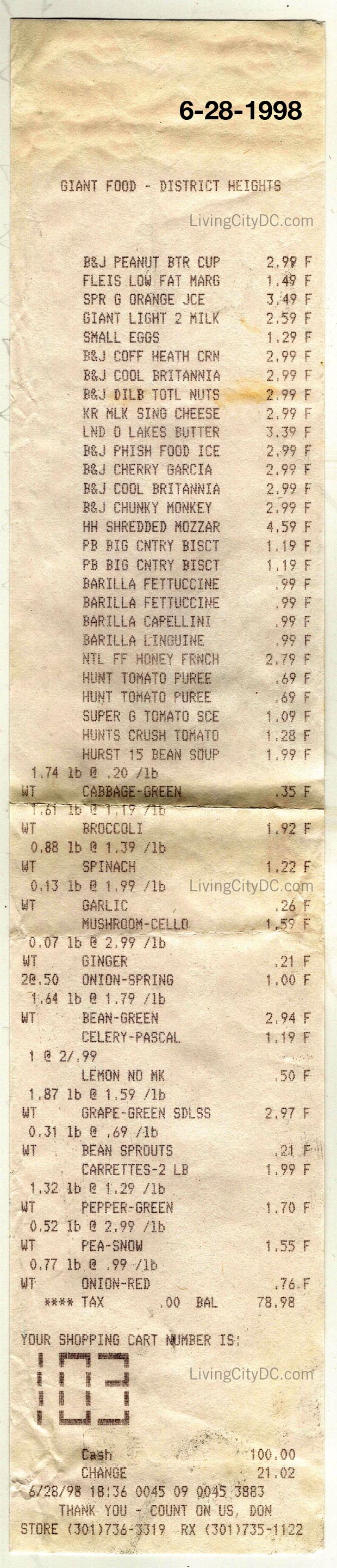 Grocery Store Receipt 1998 - Giant Food DIstrict Heights