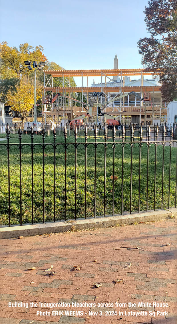 Bleachers going up across from the White House in Lafayette Square Park