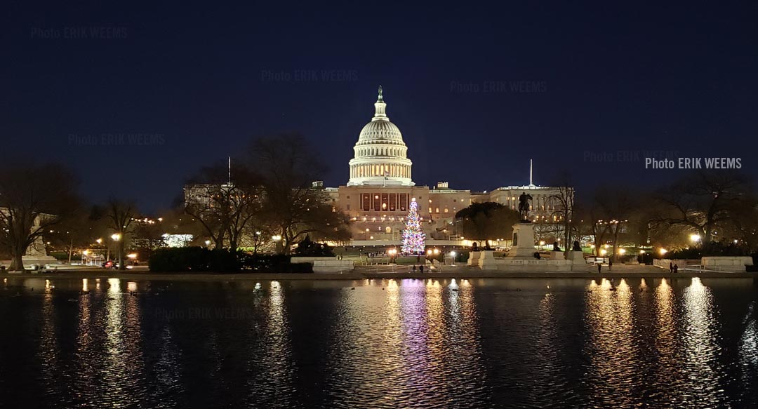 The DC Capitol Dome and reflecting pool with Christmas Tree in winter