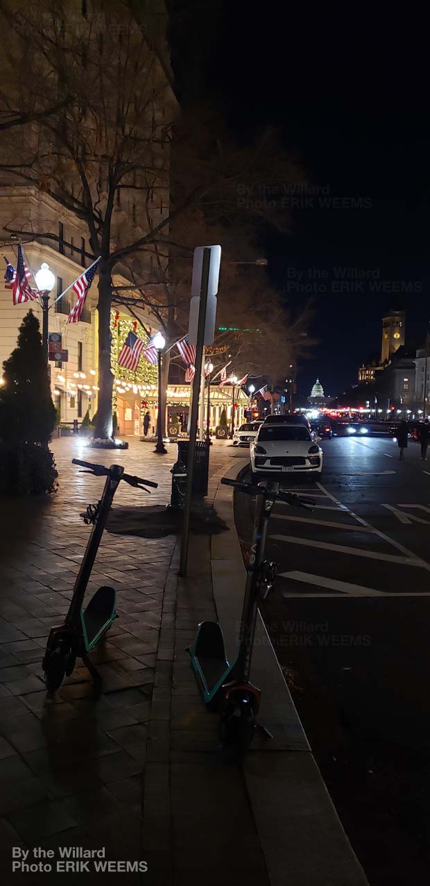 Near the Willard Hotel at night with Capitol dome in distance