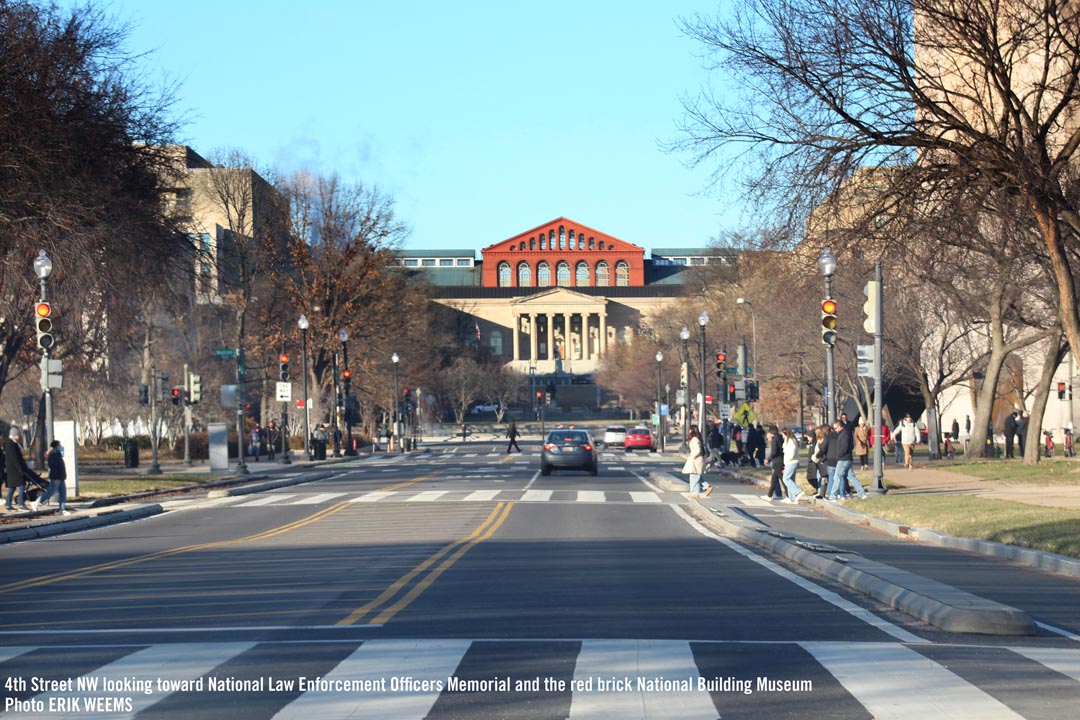 On 4th street NW looking toward the National Law Enforcement Officers Memorial and the National Building Museum in red brick