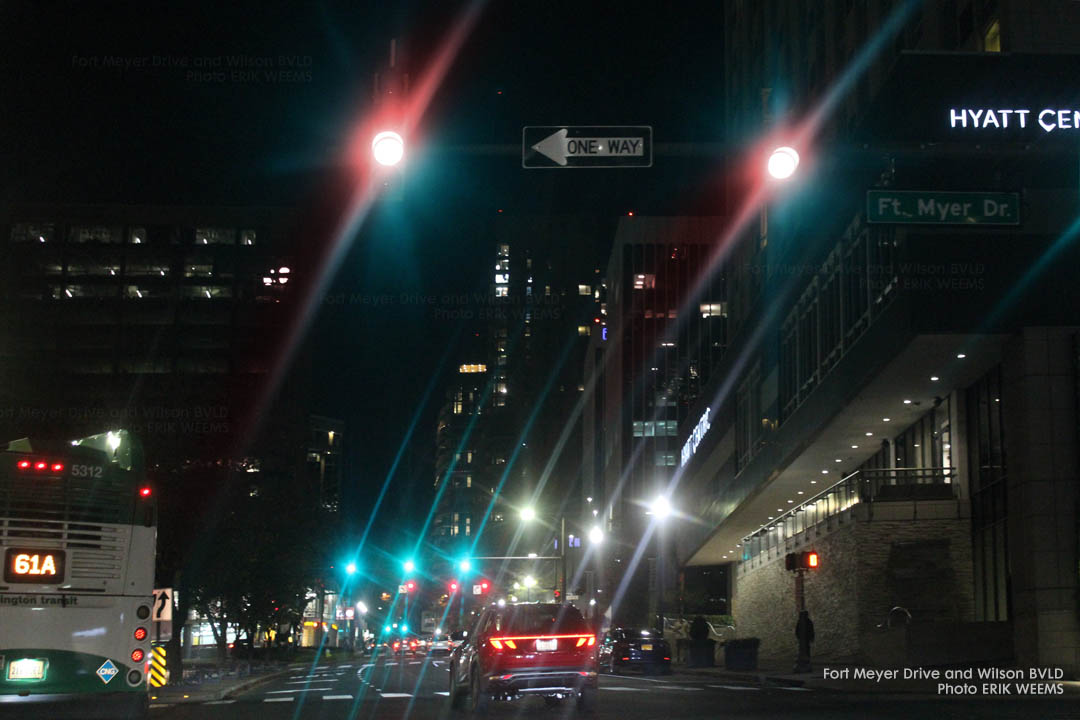 Fort Meyer Drive and Wilson BLVD by Hyatt Center at night in Arlington