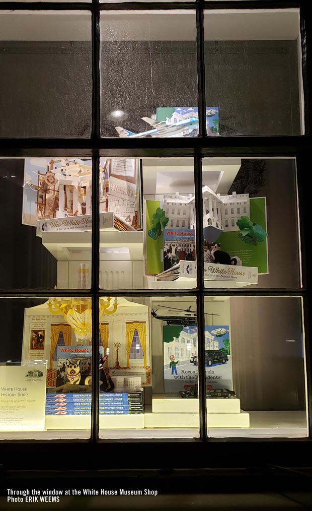 Window showing items from the White House History Museum Shop in DC Window showing items from the White House History Museum Shop in DC