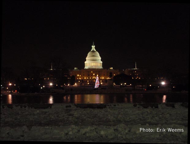 Capitol Dome Christmas Tree - night time snow