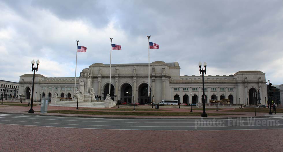 Union Station clouds and flags
