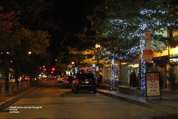 L Street service road night time Holiday Lights