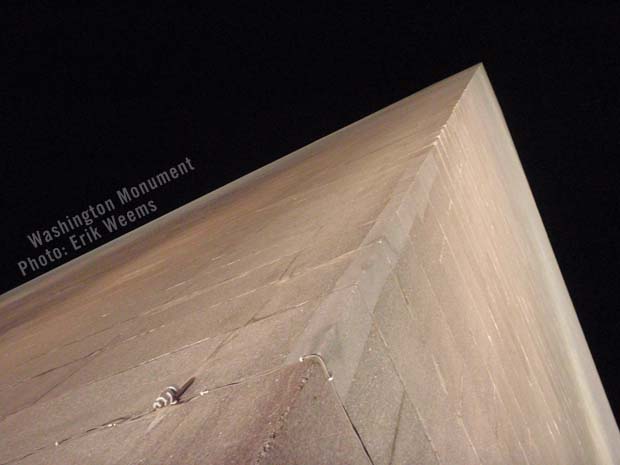 Washington Monument at night viewed close to the base