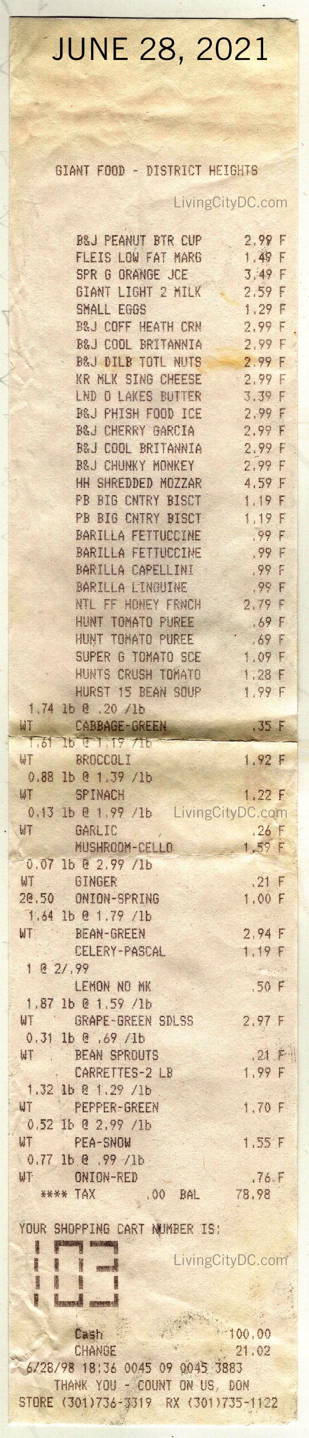 Grocery Store Receipt 1998 - Giant Food DIstrict Heights