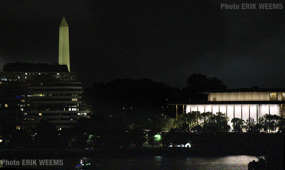 Washington Monument and Kennedy Center at night