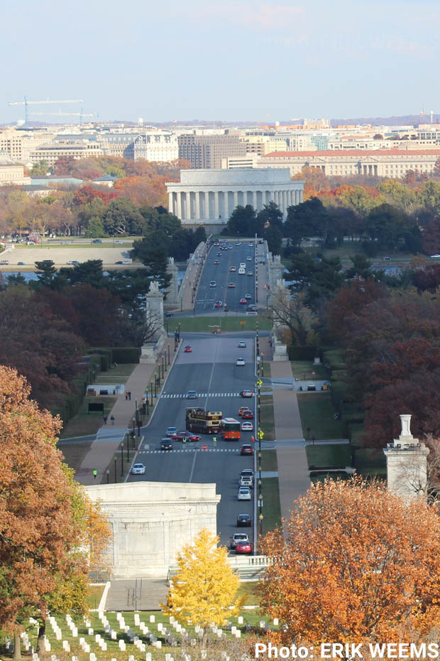 Autumn at National Cemetery and Memorial Bridge into Washington DC