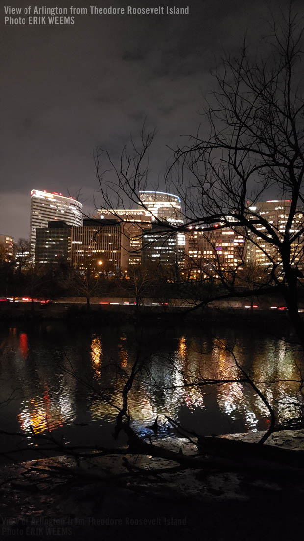 Night view of Arlington business buildings  from Theodore Roosevelt Island