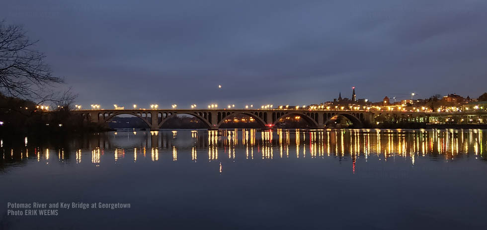 Key Bridge at night viewed from the Roosevelt over the Potomac River