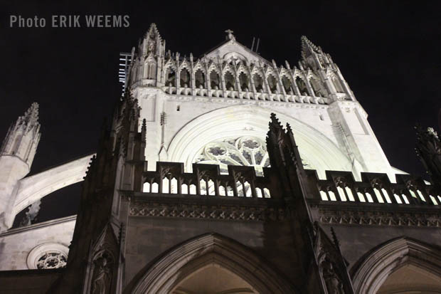 Lit at night at the National Cathedral