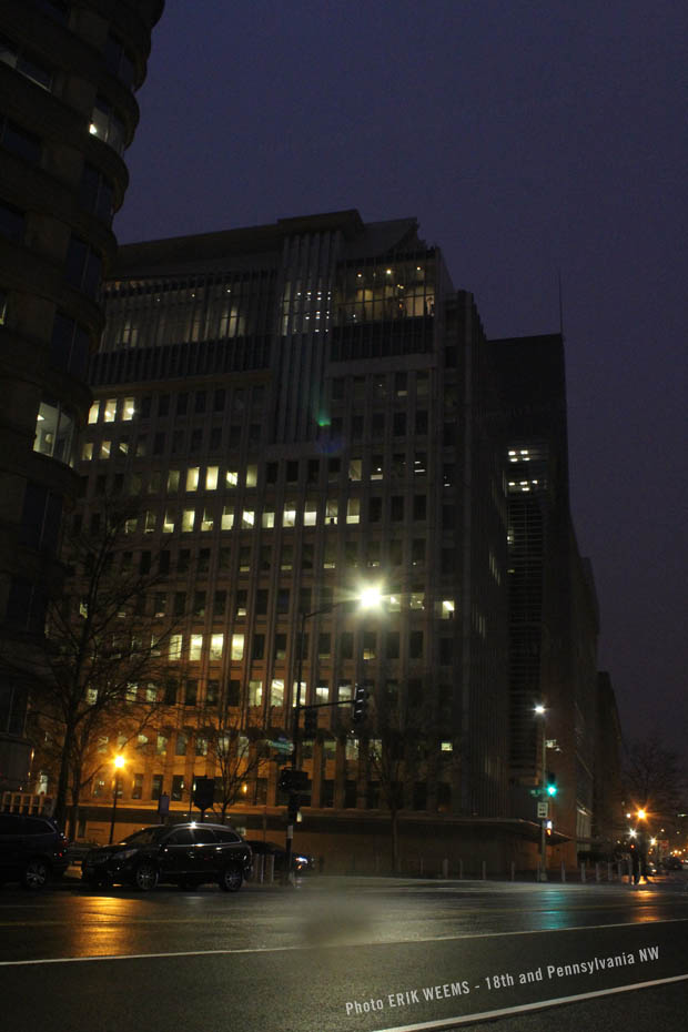 The World Bank at night on Pennsylvania Ave and 18th NW