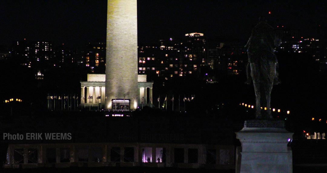 Washington Monument at night with Lincoln Memorial and General Grant Statue in foreground