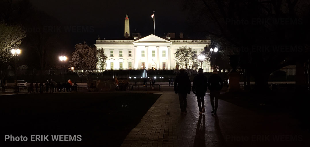 White House at night with the Washington Monument