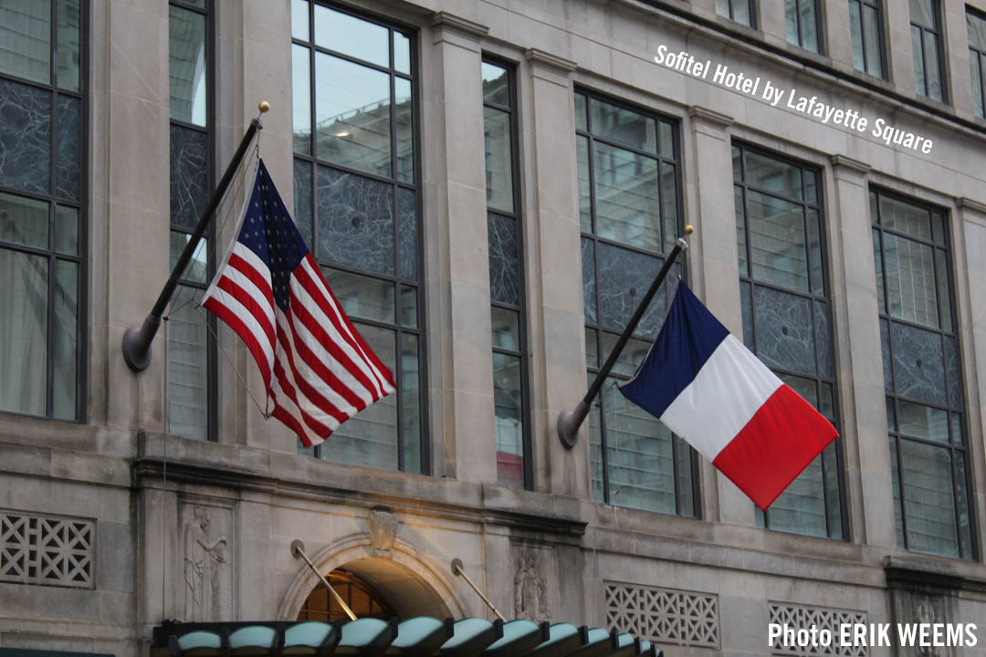 Sofitel Hotel in Washington DC near Lafayette Square with flag of France and USA