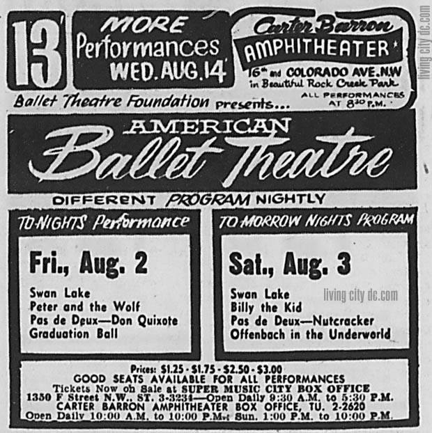 Advertisement from 1957 of Carter Barron Theatre performance schedule