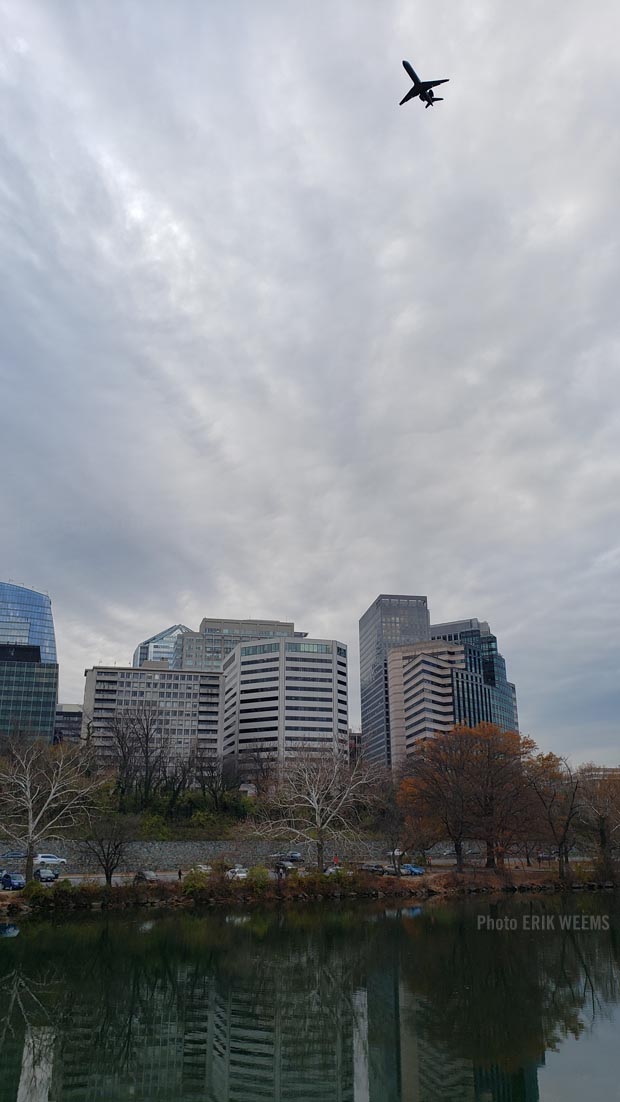 Arlington viewed from Roosevelt Bridge with airplane 