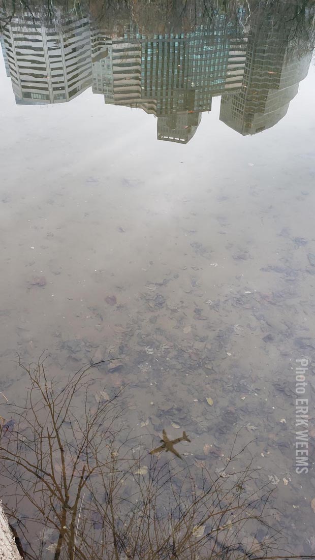 Reflections of air traffic in the water of the Potomac River at Roosevelt Island